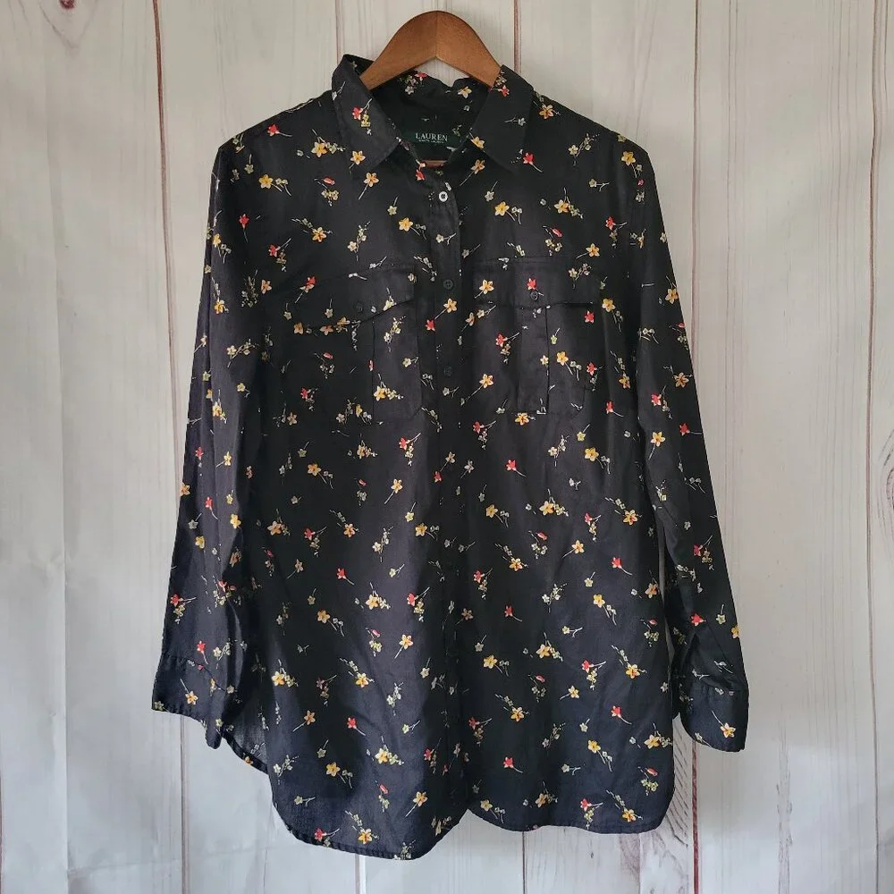 Lauren Ralph Lauren Black Floral Print Blouse, 100% Cotton, Women’s 1X, Floral - Picture 1 of 9